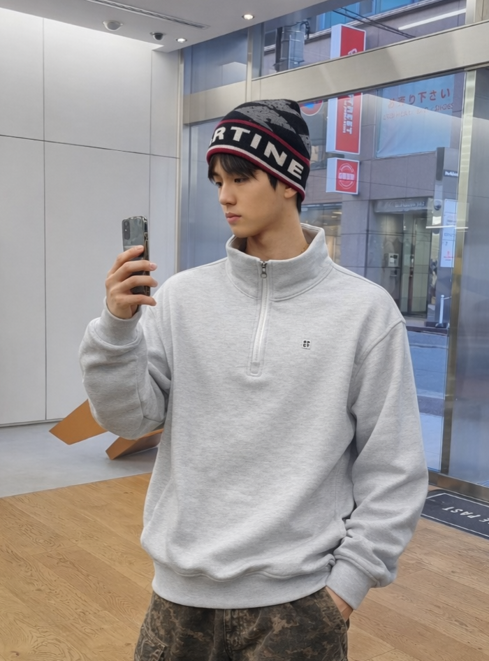 액티브 하이넥 반집업 스웻셔츠 화이트그레이